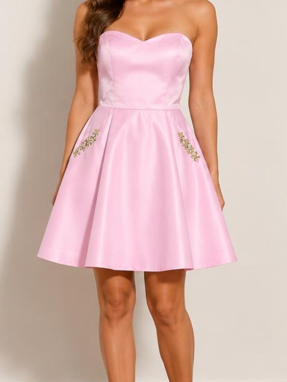Women's Blush Pink Strapless Satin Fit & Flare Mini Dress | Floral Embellished